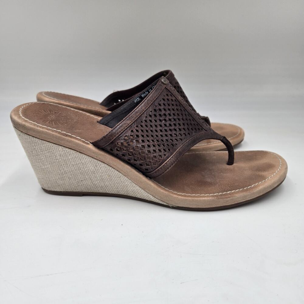 UGG AUSTRALIA Solena Brown F30012L Leather Toe Thong Wedge Sandals Women Sz 10